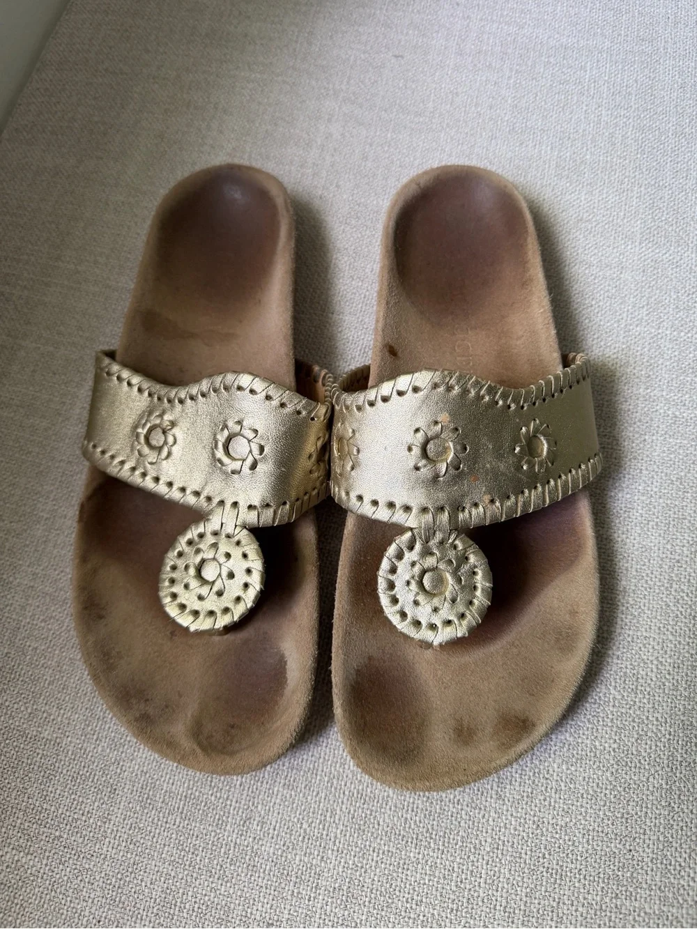 Jack Rogers Metallic Champagne Gold Thong Sandals with Medallion Detail